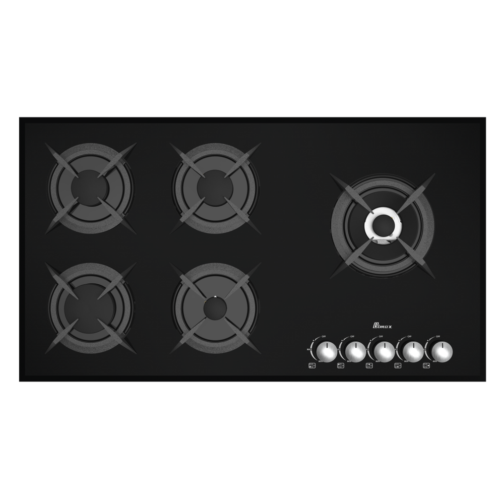 5 burner black glass gas stove - 90cm