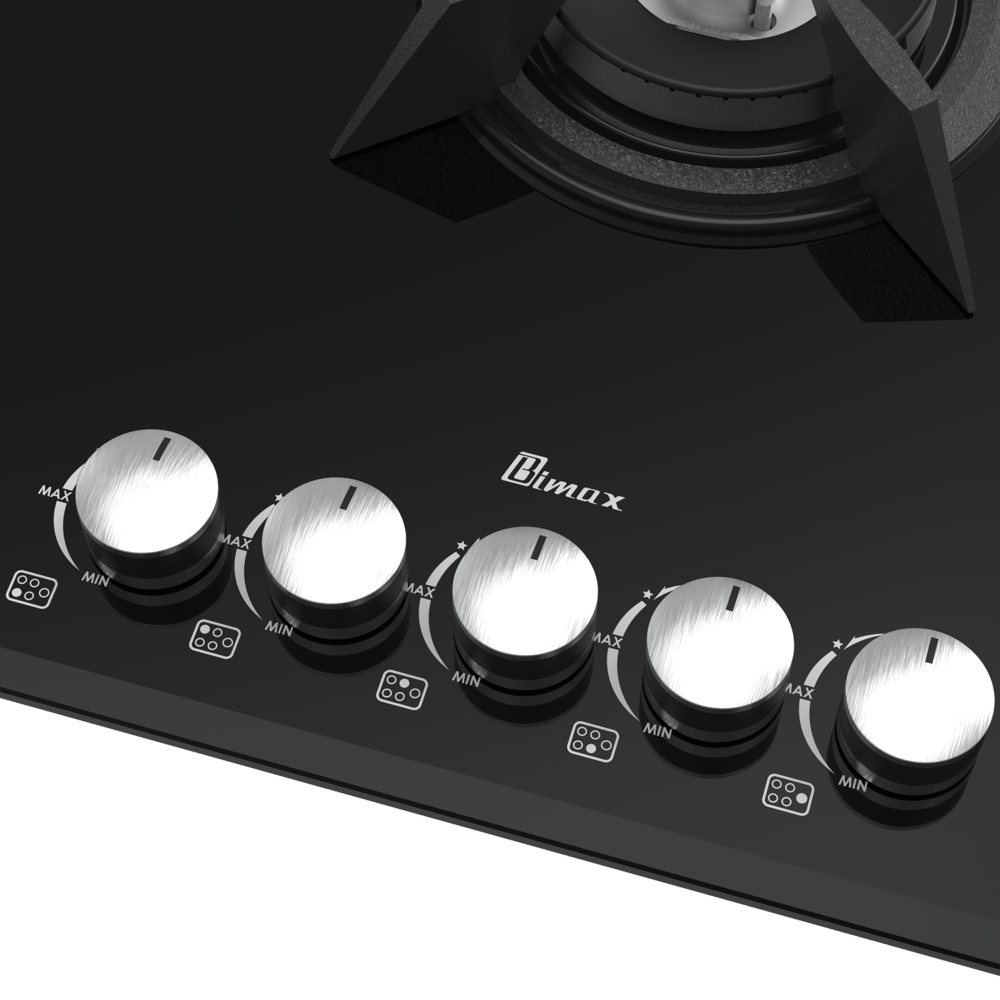 5 burner black glass gas stove - 90cm